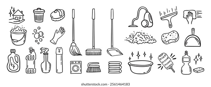 Cleaning kit equipment doodle hand drawn icon set. Outline drawing cleaning inventory, clean tools wash, bucket and mop, spray bottle with detergent cleaner line clipart symbol collection. Vector