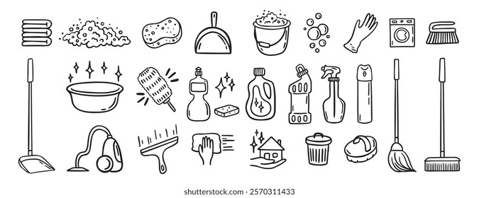 Cleaning kit equipment doodle hand drawn icon set. Outline drawing cleaning inventory, clean tools wash, bucket and mop, spray bottle with detergent cleaner line clipart symbol collection. Vector