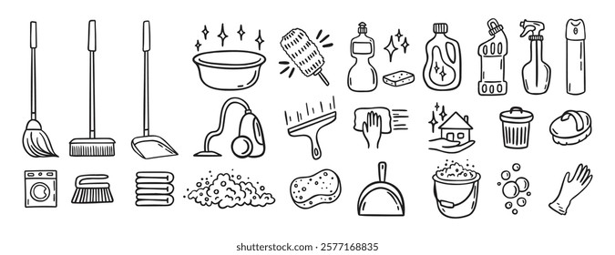 Cleaning kit equipment doodle hand drawn icon set. Outline drawing cleaning inventory, clean tools wash, bucket and mop, spray bottle with detergent cleaner line clipart symbol collection. Vector