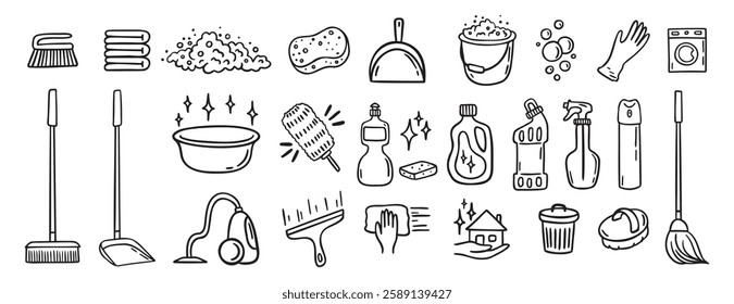 Cleaning kit equipment doodle hand drawn icon set. Outline drawing cleaning inventory, clean tools wash, bucket and mop, spray bottle with detergent cleaner line clipart symbol collection. Vector