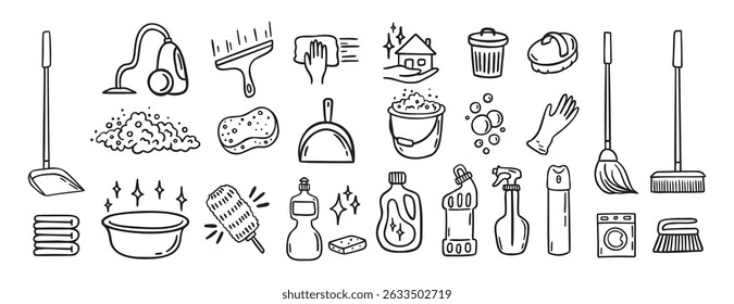 Cleaning kit equipment doodle hand drawn icon set. Outline drawing cleaning inventory, clean tools wash, bucket and mop, spray bottle with detergent cleaner line clipart symbol collection. Vector