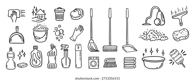 Cleaning kit equipment doodle hand drawn icon set. Outline drawing cleaning inventory, clean tools wash, bucket and mop, spray bottle with detergent cleaner line clipart symbol collection. Vector