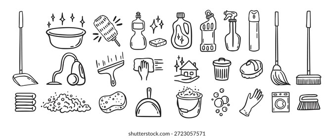 Cleaning kit equipment doodle hand drawn icon set. Outline drawing cleaning inventory, clean tools wash, bucket and mop, spray bottle with detergent cleaner line clipart symbol collection. Vector