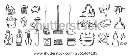 Cleaning kit equipment doodle hand drawn icon set. Outline drawing cleaning inventory, clean tools wash, bucket and mop, spray bottle with detergent cleaner line clipart symbol collection. Vector