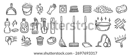 Cleaning kit equipment doodle hand drawn icon set. Outline drawing cleaning inventory, clean tools wash, bucket and mop, spray bottle with detergent cleaner line clipart symbol collection. Vector