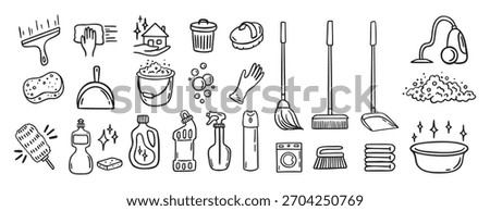 Cleaning kit equipment doodle hand drawn icon set. Outline drawing cleaning inventory, clean tools wash, bucket and mop, spray bottle with detergent cleaner line clipart symbol collection. Vector