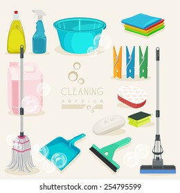 Cleaning kit icons. Supplies. Vector illustration.