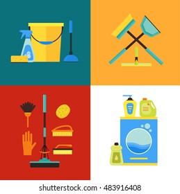Cleaning Kit Set for Service and Supplies. Flat Design Style. Vector illustration of cleaning icon set for banner and flyers