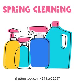 Cleaning kit. Spring cleaning. Flat hand drawn illustration on white background.