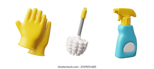 Cleaning kit. Vector 3d illustration of rubber gloves, toilet brush and glass cleaner. Necessary tools for care and hygiene on a white background.