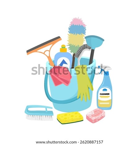 Cleaning kit vector illustration in cartoon style. Squeegee, spray bottle, duster, sponge, scrub brush, detergent bottle, plunger, cloth. House cleaning tool, cleaning supplies flat vector isolated.