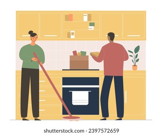 Cleaning at kitchen concept. Household chores and routine, hygiene. Man with box of books and woman with mop. Poster or banner. Cartoon flat vector illustration isolated on white background