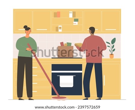 Cleaning at kitchen concept. Household chores and routine, hygiene. Man with box of books and woman with mop. Poster or banner. Cartoon flat vector illustration isolated on white background