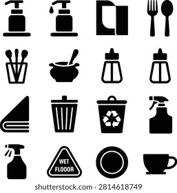 Cleaning and kitchen essentials icons featuring spray bottles utensils and recycling symbols