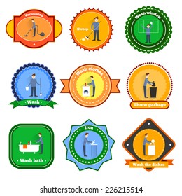 Cleaning label set with vacuuming sweep window wash isolated vector illustration