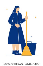 Cleaning lady with broom and bucket, flat vector illustration.