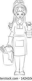 cleaning lady in dress with bucket and spray. black and white. vector and illustration.
