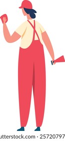 Cleaning lady dressed in vibrant red overalls, holding a rag and spray bottle, preparing to begin cleaning, viewed from behind against a crisp white background