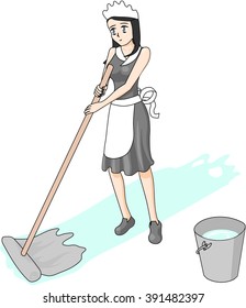 Cleaning lady is cleaning the floor