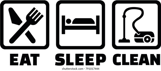 Cleaning lady with fork and knife, bed and vacuum cleaner