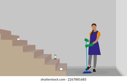 Cleaning lady in gloves and with a mop washes the stairwell