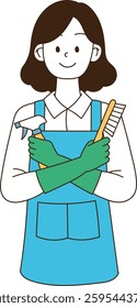 a cleaning lady holding a cleaning tool. minimal line art vector illustration.
