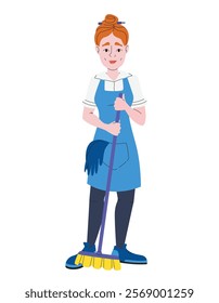 Cleaning lady holds broom. Female character in linear flat style.