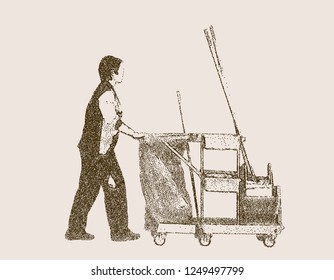 Cleaning lady with janitor cart. Vector illustration. Pointillism style.