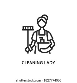 Cleaning lady line flat icon. Vector illustration woman with a mop and a basin. Maid.