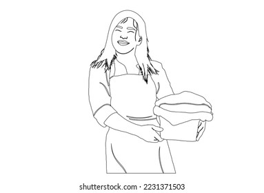 Icono plano de la línea de la señora limpiadora. ilustra a una mujer con un mop y una cuenca. Maid