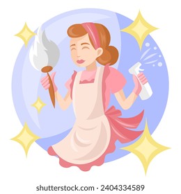 Cleaning lady maid in pink uniform with dust brush and spray with cleaning product - vector image