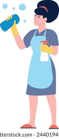 Cleaning lady mascot. Woman housekeeping with spray bottle and washing cloth