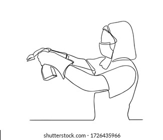 A cleaning lady in a mask. Continuous line young woman with a puffer and a rag in her hands. The concept of cleaning offices and houses. Scribble.continuous single drawn one line woman.