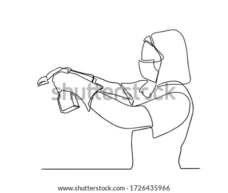 A cleaning lady in a mask. Continuous line young woman with a puffer and a rag in her hands. The concept of cleaning offices and houses. Scribble.continuous single drawn one line woman.