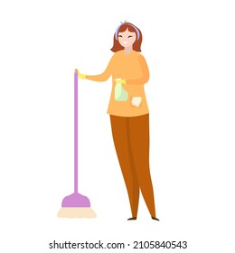 Cleaning lady with mop and cleaning agent in a bottle. Vector illustration.
