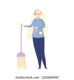 Cleaning lady with mop and cleaning agent in a bottle. Vector illustration.