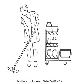 Cleaning lady with mop and cart for cleaning the premises, sketch  mockup