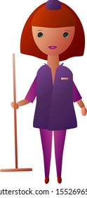 The cleaning lady standing with a MOP and smiling.