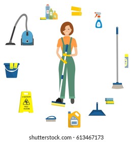 Cleaning lady surrounded by objects for cleaning. There is a vacuum cleaner, a mop, a brush, a scoop, a sign "Caution, wet floor", sponges, detergents, gloves and other things in the picture. Vector