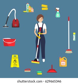 Cleaning lady surrounded by objects for cleaning. There is a vacuum cleaner, a mop, a brush, a scoop, a sign "Caution, wet floor", sponges, detergents, gloves and other things in the picture. Vector