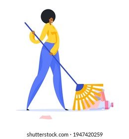Cleaning lady sweeping garbage in park illustration. Female character in yellow sweater and blue pants cleaning up plastic debris with broom. Purity nature and cities pledge ecology vector cartoon.
