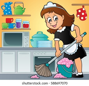 Ilustración del tema de la señora de limpieza 3 - ilustración del vector eps10.