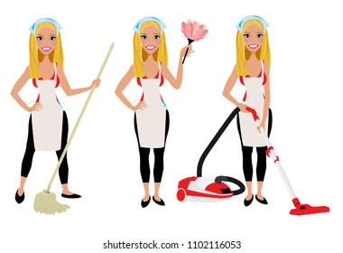 Cleaning lady in three different poses with vacuum cleaner, mop and duster cleaner.  Adult brunette vector maid cleaning graphic. Housewife cleaning with mop, vacuum, and duster. Rag on head.