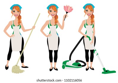 Cleaning lady in three different poses with vacuum cleaner, mop and duster cleaner.  Adult brunette vector maid cleaning graphic. Housewife cleaning with mop, vacuum, and duster. Rag on head.