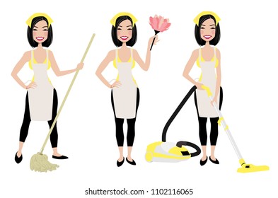 Cleaning lady in three different poses with vacuum cleaner, mop and duster cleaner.  Adult brunette vector maid cleaning graphic. Housewife cleaning with mop, vacuum, and duster. Rag on head.