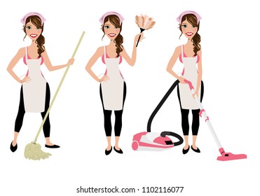 Cleaning lady in three different poses with vacuum cleaner, mop and duster cleaner.  Adult brunette vector maid cleaning graphic. Housewife cleaning with mop, vacuum, and duster. Rag on head.