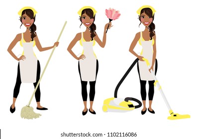 Cleaning lady in three different poses with vacuum cleaner, mop and duster cleaner.  Adult brunette vector maid cleaning graphic. Housewife cleaning with mop, vacuum, and duster. Rag on head.