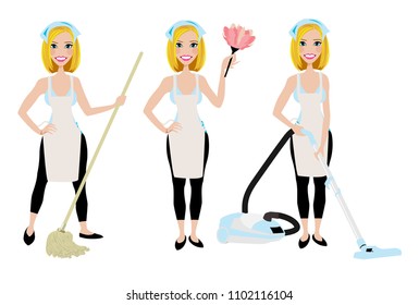 Cleaning lady in three different poses with vacuum cleaner, mop and duster cleaner.  Adult brunette vector maid cleaning graphic. Housewife cleaning with mop, vacuum, and duster. Rag on head.