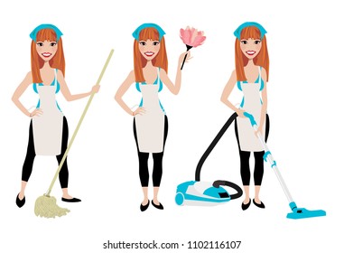 Cleaning lady in three different poses with vacuum cleaner, mop and duster cleaner.  Adult brunette vector maid cleaning graphic. Housewife cleaning with mop, vacuum, and duster. Rag on head.