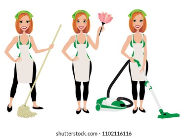 Cleaning lady in three different poses with vacuum cleaner, mop and duster cleaner.  Adult brunette vector maid cleaning graphic. Housewife cleaning with mop, vacuum, and duster. Rag on head.